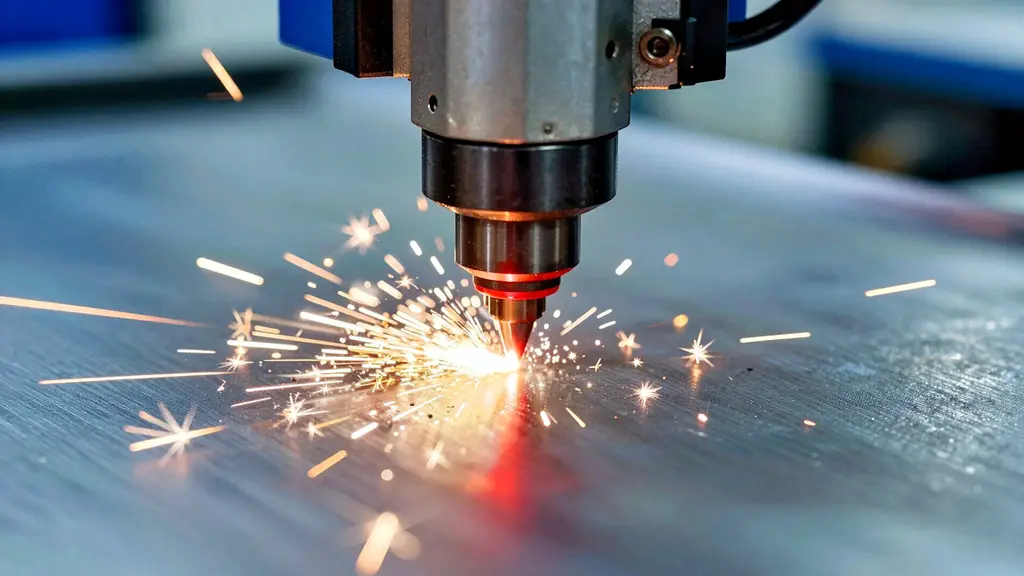 Cabeçote de máquina de corte a laser cortando chapa metálica com faíscas